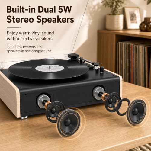 Image of Bluetooth Vinyl Record Player with Built-in Stereo Speakers, 3-Speed Belt-Drive Turntable for 7 /10 /12 Inch Vinyl Records, Magnetic Cartridge, RCA Out, AUX in, Headphone Jack, Vintage White Phonograph
