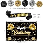 Zirtorei 20Pcs Black and Gold Birthday Party Decorations Kit for Men Women, Happy Birthday Banner Backdrop Honeycomb Centerpiece, Happy Birthday Hanging Swirl Table Topper Sash Paper Pompoms Set - Image 3