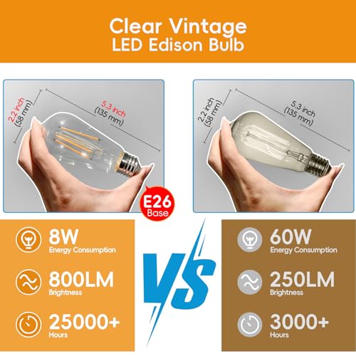 Image of Jensense Edison Bulbs E26 LED Bulb 60 Watt Equivalent, Vintage LED Light Bulbs CRI90+ ST19, Dimmable Clear Light Bulbs (2700k Warm White, 8watt-6 Pack)
