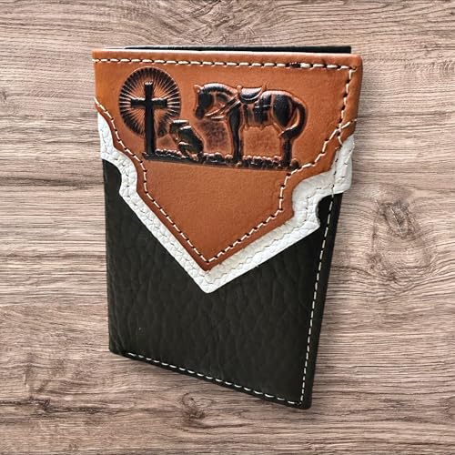 Men’s Leather Tri-Fold Wallet – Embossed Cowboy Praying at Cross – Western Christian Compact Wallet for Cowboys, Ranchers & Faith Gift Ideas2