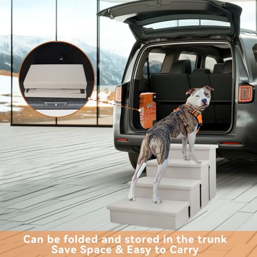 Image of Zerbuger Dog Stairs with Condo 23 inch H, 4-Step Wider Folding Storage Pet Stairs Gift for Small /Medium /Large Old Dogs Cats, Dog Steps for High Beds Window, Ramp for Climbing Car Up to 200 lbs, Beige