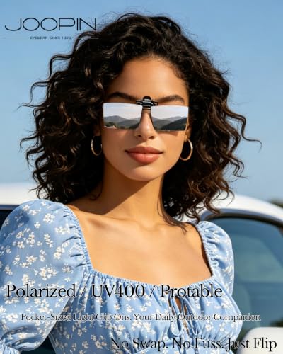 Image of Joopin 2 Pack Rectangle Clip on Flip up Sunglasses Polarized UV Protection | 2 Pcs, TAC lens, Metal Clips, Rubber Bars, Women, Men, rectangular, Frameless, Clamped onto the glasses, Driving, Fishing