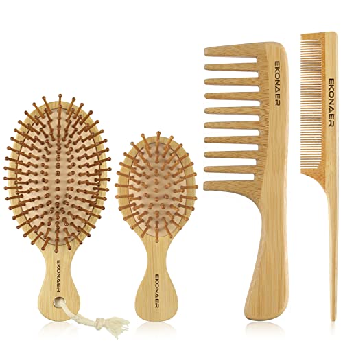 4 PCS Bamboo Hair Brush Set With Natural Wooden Wide-tooth and Tail Comb Big and Mini Paddle Detangling Hairbrush for Women men kids and Baby Thick Thin Curly Straight Dry(Mini Style)