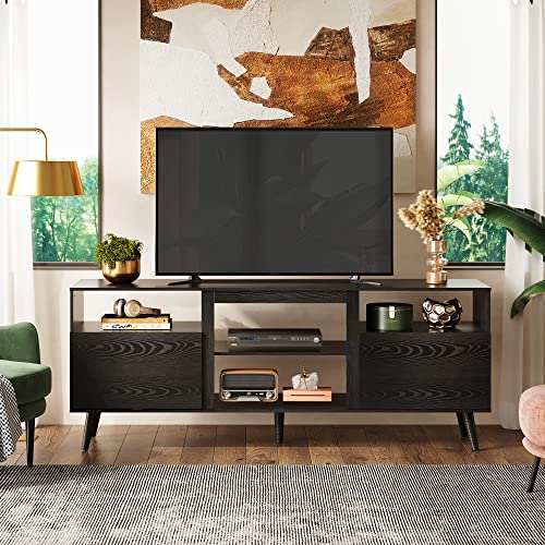 Image of WLIVE Mid-Century TV Stand for TVs Up to 65 inch, Storage Cabinet, Black