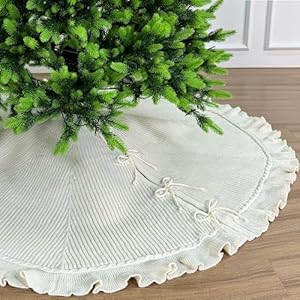 60-Inch Ruffled Sweater Knit Christmas Tree Skirt with Lace Ties, Cream White 60 Inch Ruffled Sweater Knit Christmas Tree Skirt with Lace Ties Cream White
