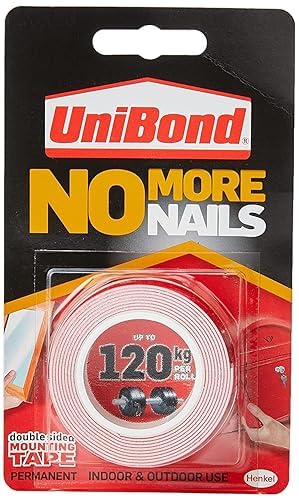 Image of Unibond No More Nails On A Roll, Double-Sided Tape for Reliable Instant Bonding, Multipurpose Adhesive Tape, Adhesive Strips for Indoor /Outdoor Use, 19mm x 1.5m Roll(pack of 2)