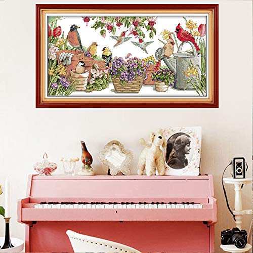Cross Stitch Counted Kits Stamped Kit Cross-Stitching Pattern for Home Decor, 11CT Pre-Printed Fabric Embroidery Crafts Needlepoint Kit (Printed Kits,Birds Gather in Garden)