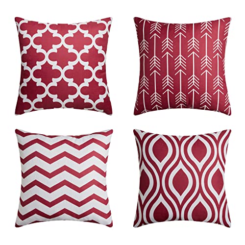 Topfinel Fundas para Cojines 45x45 Sofa Dormitorio Decoracion Hogar para Sala de Estar Jardin Exterior Coche Patron Geométrico Rayas Moderno Lienzo Linaza Juego de 4 Burdeos Cover