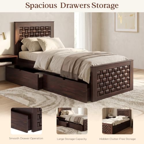 Image of WOODLAB Furniture Sheesham Wood Single Size Bed with Drawer Storage and Niwar Style Headboard | Wooden Single Cot Bed Palang for Home Living Room Bedroom and Hotel (Walnut Finish)