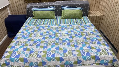 Image of Bedsheet Bed with 2 Pillow Covers 100% Cotton 144 TC |Chadar - Flat Sheet with 2 Pillow Covers - Green Print King