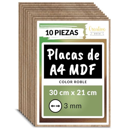 Creative Deco 10 x A4 MDF Tablero Madera Roble | 300 x 210 x 3 mm | Perfecto para Corte por Laser, CNC Router, Modelado, Calado, Bricolaje, Manualidades