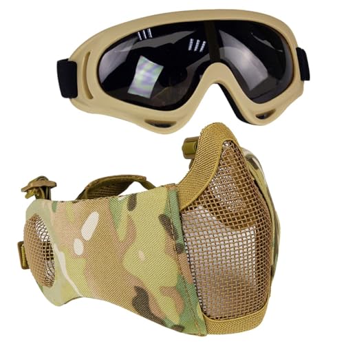 Aoutacc Kit de Protection Airsoft avec Demi-Masque en Maille avec Protection des Oreilles et Lunettes - pour CS/Chasse/Paintball/Tir, CP