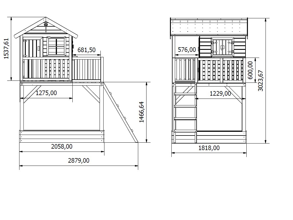 Stelzenhaus Funny XXL | 201x188x303 cm | KDI Kiefernholz | Mit Sandkasten & Blauer Rutsche | Veranda, Balkon & 150 cm Podest | Kinder Outdoor Spielhaus