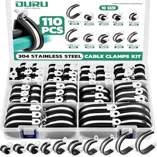 OURU 110PCS Cable Clamps Assortment Kit 10 Sizes1/4 5/16 3/8 1/2 5/8 3/4 1 1-1/4 1-1/2 1-3/4 Stainless Steel Rubber Coated Cushioned Insulated Cable Clamp Automotive Wire Pipe Clamps