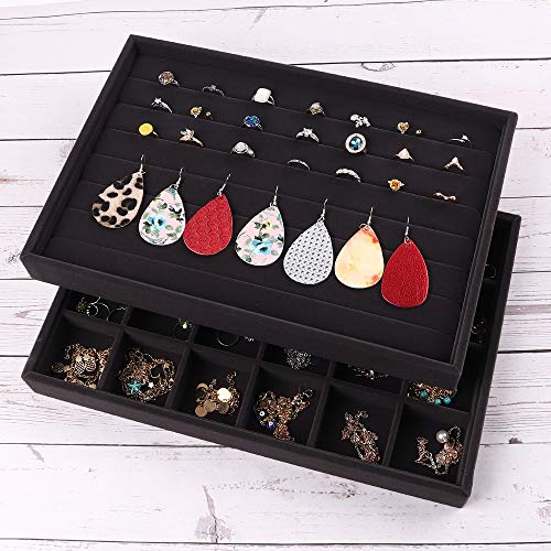 Mebbay Stackable Velvet Jewelry Trays Organizer, Jewelry Storage Display Trays All Velvet for Drawer, Earring Necklace Bracelet Ring Organizer, Set of 3 (Black) - Thumbnail 5