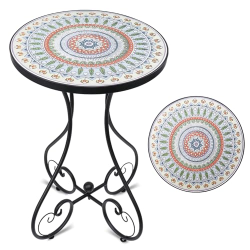 VCUTEKA Mosaic Outdoor Side Table, Round Rustproof Patio Tables with 14' Ceramic Tile Top, Indoor Porch Accent Table for Yard, Garden, Living Room, Bistro Balcony, Green