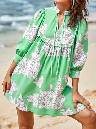 Image of Cicy Bell Womens Floral Mini Dresses 3 /4 Balloon Sleeve V Neck Flowy Babydoll Dress Summer Beach Vacation Boho Outfits