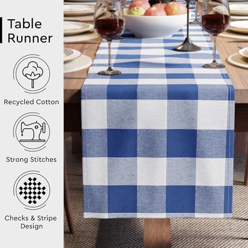 Image of Encasa XO Cotton Table Runner for 4 to 6 Seater | Size 13x72 in | Buffalo Blue Checks - Machine Washable & Durable
