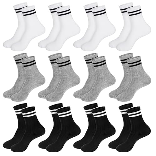 Partideal 12 Pairs Kids Socks Junior Crew Cotton School Sports Socks, Black White Grey Striped Cotton School Athletic Socks, Casual Stretchy Socks for Girls and Boys(12 years and above Multi)