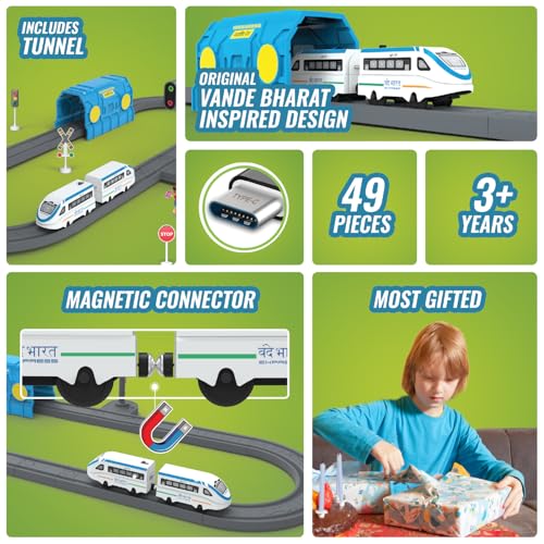 Image of BOOGYWOOGY Vande Bharat Express Toy Train Set 49 Piece Railway Set | USB Rechargeable Type-C Engine | Indian City Train Set with DIY Magnetic Railway Track | Educational Gift for Kids Boys Girls
