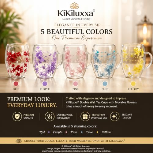 Image of KiKiluxxa 350ml Double Wall Glass Tea Coffee Mug Set of 2 | Glass Cups with Movable Decorative Flowers & Pearl Beads | Insulated Glass Mug for Tea, Coffee, Milk, Gift (Royal Lavender+Sky Bloom)