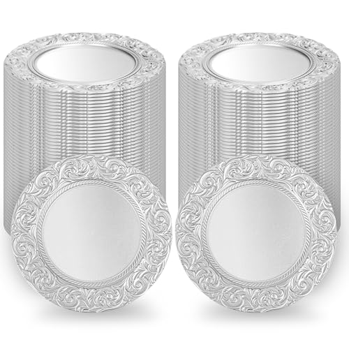 Tomeurperf Silver Charger Plates Bulk 100Pcs - 13 Silver Chargers for Dinner Plates Round Floral Embossed Decorative Charger Plate for Wedding & Event Kitchen Party Decoration