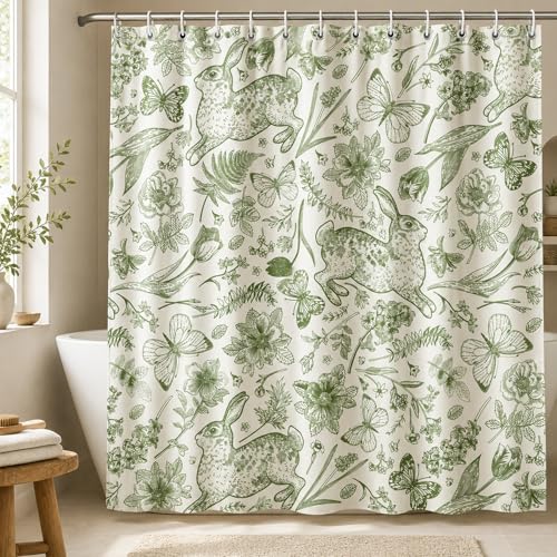 KAIRA Plant Shower Curtain Vintage Rabbit Cottagecore Shower Curtain with Hooks 72 x 72 Inches Garden Style Bathroom Decor Easy to Clean Waterproof Polyester Fabric