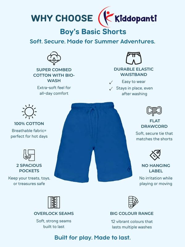 Image of KiddoPanti Boys Solid Knee-Length Basic Short | 100% Cotton Knit Fabric | Comfortable Fit with Elastic Waistband and Functional Drawcord | 2 Front Pockets Half Pant | Boys Shorts