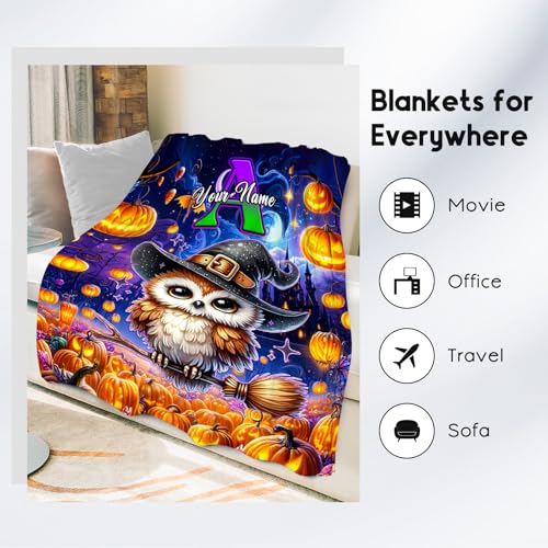 Halloween Blanket, Personalized Kids Blanket with Name, Cute Owl Throw, Custom Gifts for Girls, Soft Fleece Throw for Halloween Decoration (4 Sizes Choose)