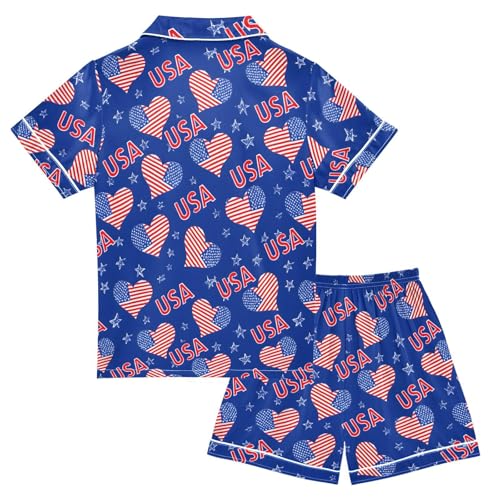 Heart Flag Pattern Pajamas Sets Short Sleeve Silk Stain Pjs Button Down Sleepwear for 5-14Y2