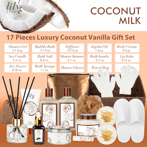 bath and body gift basket set for women - coconut vanilla christmas gifts for women spa gift basket 17-piece bath gift set self care gifts for mothers day fathers day birthday gifts for her amp him