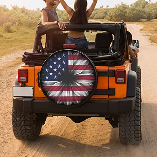 Image of USA Flag On Abstract Flower Spare Tire Cover Dust-Proof Wheel Tire Cover Fit Trailer, RV, SUV and Many Vehicle 15 Inch