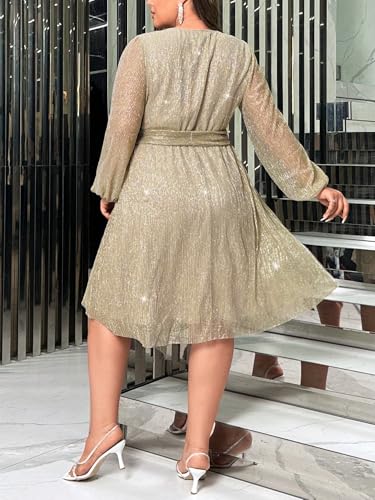 Image of RED DOT BOUTIQUE 876 - Plus Size Elegant Sheer Sleeve Dress with Waist Sparkle Chiffon Mesh Cocktail Dress
