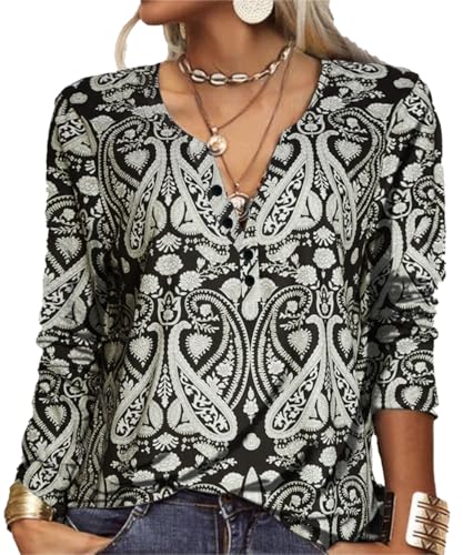 GRMLRPT Blusa para Mujer Manga Larga Camisa Cuello Redondo Botone Casual Top de Manga Larga Colorido Estampado Floral (Style-B,XL)