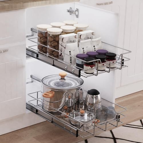 Image of Pull Out Cabinet Organizer 11 inch W X 17 inch D, Chromed, Full Slide Out Drawers