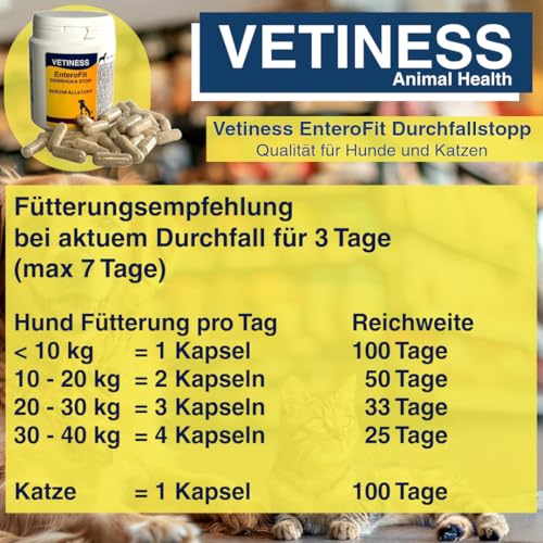 vetiness EnteroFit Durchfallstopp für Hunde und Katzen 100x Kapseln | bei akutem Durchfall | Natürliche Durchfallhilfe | Stärkt Darmflora Hund Durchfall Hund | für empfindliche Tiere