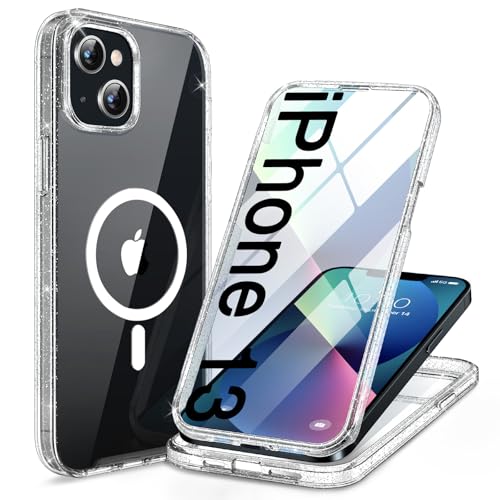 Image of Miracase for iPhone 13 Case 6.1'', [Bubble Free] Full-Body Bumper Phone case with Built-in Full Glass Screen,No Gap,Compatible with MagSafe,Drop Proof 13 Cover,Clear Glitter