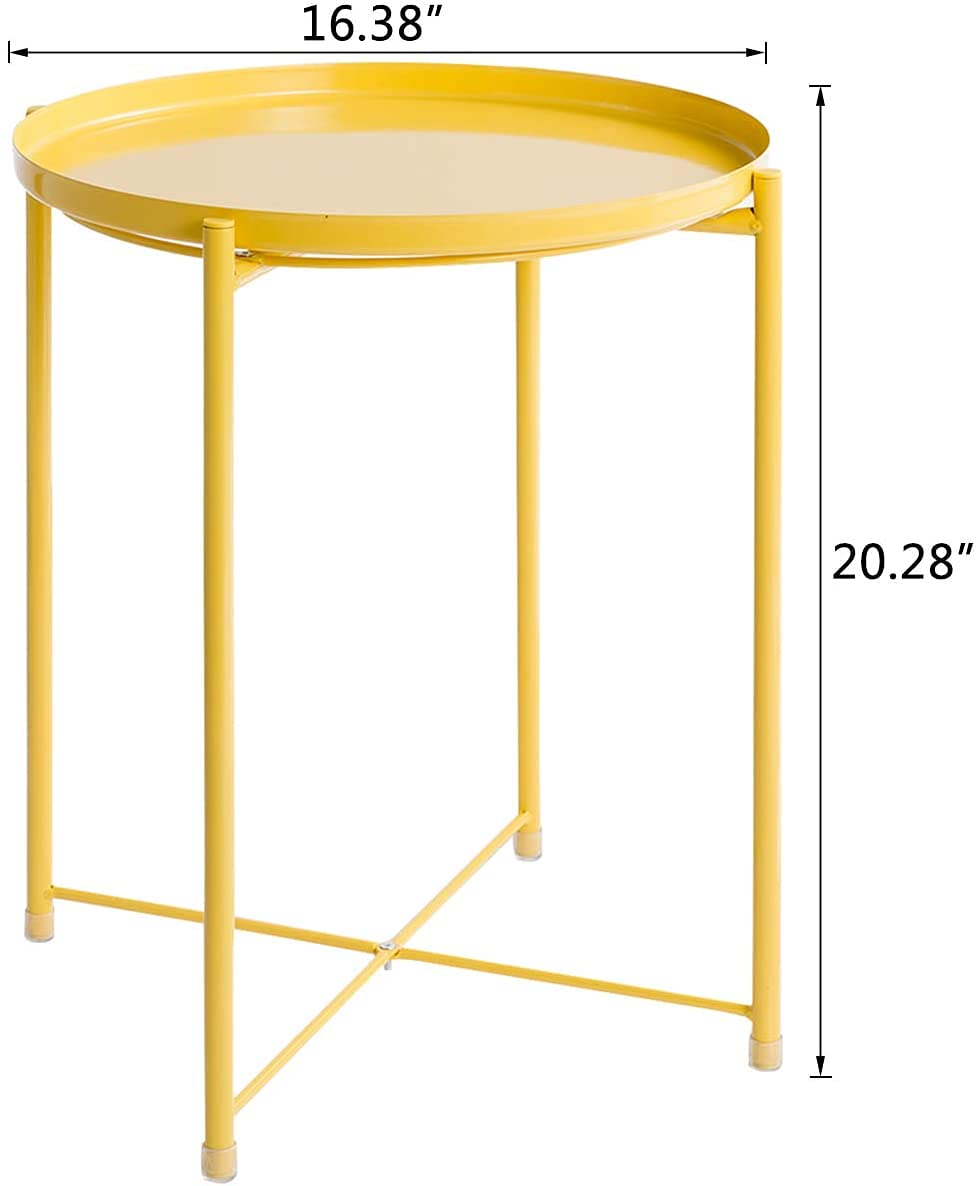 INDIAN DECOR 44121 Tray Metal End Table, Sofa Table Small Round Side Tables, Anti-Rust and Waterproof Outdoor & Indoor Snack Table, Accent Coffee Table,(H) 20.28" x(D) 16.38", Yellow 1