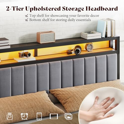 Image of AMERLIFE King Bed Frame with LED Lights & 2-Tier Storage Headboard | Grey, 2 Storage Drawers, Metal Platform Frame, Velvet Upholstery, Heavy-Duty Slats, No Box Spring, Easy Assembly