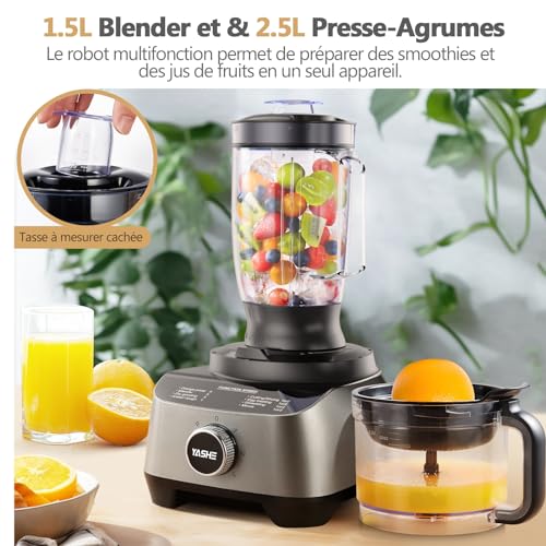 YASHE Robot Cuisine Multifonctions – Blender, Mixeur, Moulin, Presse-Agrumes, Pétrin avec Bol de 2,5L et Blender de 1,5L, 1300W, 3 Vitesses, Fonction Pulse, Verrouillage de Sécurité – Image 3