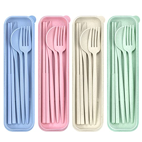 DISSKNIC 4 Sets Travel Utensils with Case, Cutlery Set Chopsticks Fork Spoon Knife with Case, Reusable Plastic Utensils Sets for Lunch Box Accessories,Portable Lunch Box Utensils Set for Daily Use