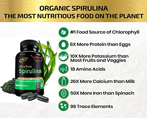 Hcl Herbal Code Labs SPIRULINA888 Organic Spirulina Powder Capsules 3000 Mg - Purest Non-Irradiated Blue Green Algae - Best Raw Vegan Protein thumb #4