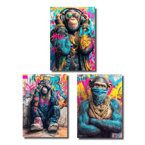 3 Affen Poster 3er Set – Nichts sehen, hören, sagen – Street Art Pop Art Wanddeko DIN A2 – Graffiti Bilder mit Style – Lustige Deko fürs Wohnzimmer, Büro oder...