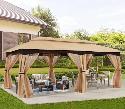 ABCCANOPY Outdoor Patio Gazebo 10x20 - Double Roof Canopy with Mosquito Netting for Backyard, Deck, Garden, Lawn, Beige