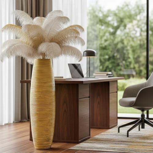 Image of Large Floor Vase 35.4 inch Gloss Gold, Resin Wide-Body Vase with Horizontal Ribbed Texture for Dried Pampas Grass Branches, Modern Home Decor for Living Room Corner Entryway