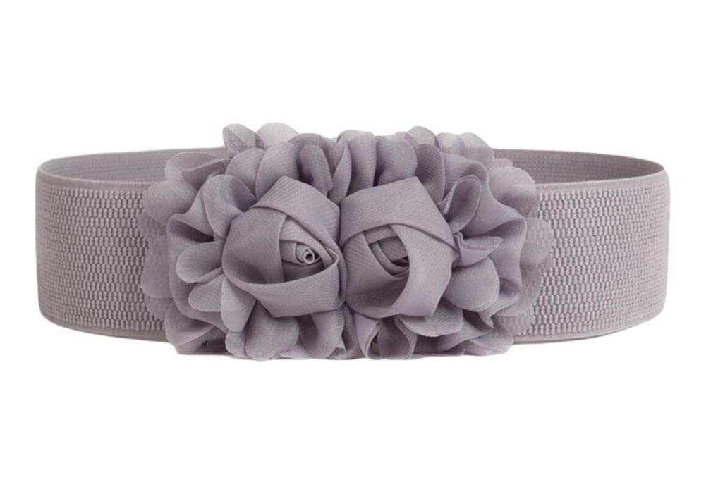 Oyccen Women's Elastic Waistband Wide Chiffon Roses Belt Dress, Grey, One Size