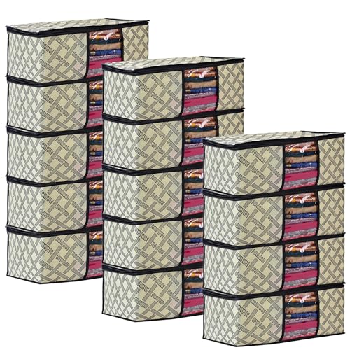 Image of Non-Woven Saree Covers with Zipper and Transparent Window - Clothes Storage Bag for Wardrobe Organization (Yellow Black, PACK OF 14)