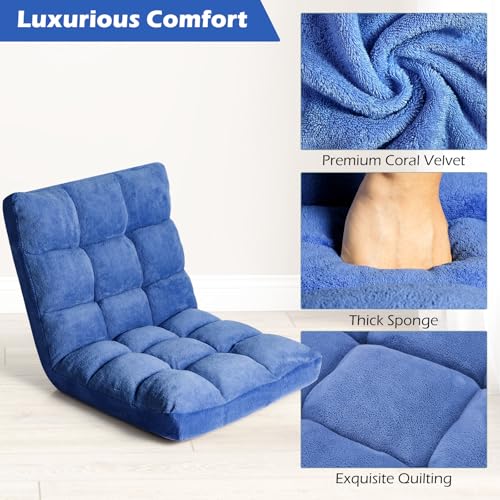 Image of COSTWAY Floor Chair, Video Gaming Chairs with Back Support, Adjustable 14-Position, Alloy Steel Frame, Soft Coral Fleece, Lazy Sofa Lounge for Reading Living Room Recliner for Adults Kids (Blue)