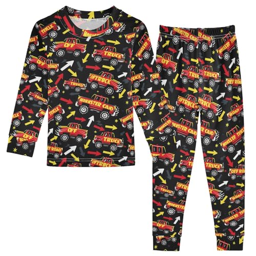 Cool Red Monster Trucks Cute Pajama Sets Long Sleeve Top and Pants, Snug Fit Sleepwear for Night Wears
