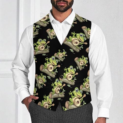 Frog Playing Banjo On Log Men's Suit Vest Waistcoat Vests Formal Dress with 2 Pockets for Business Casual Tuxedo2